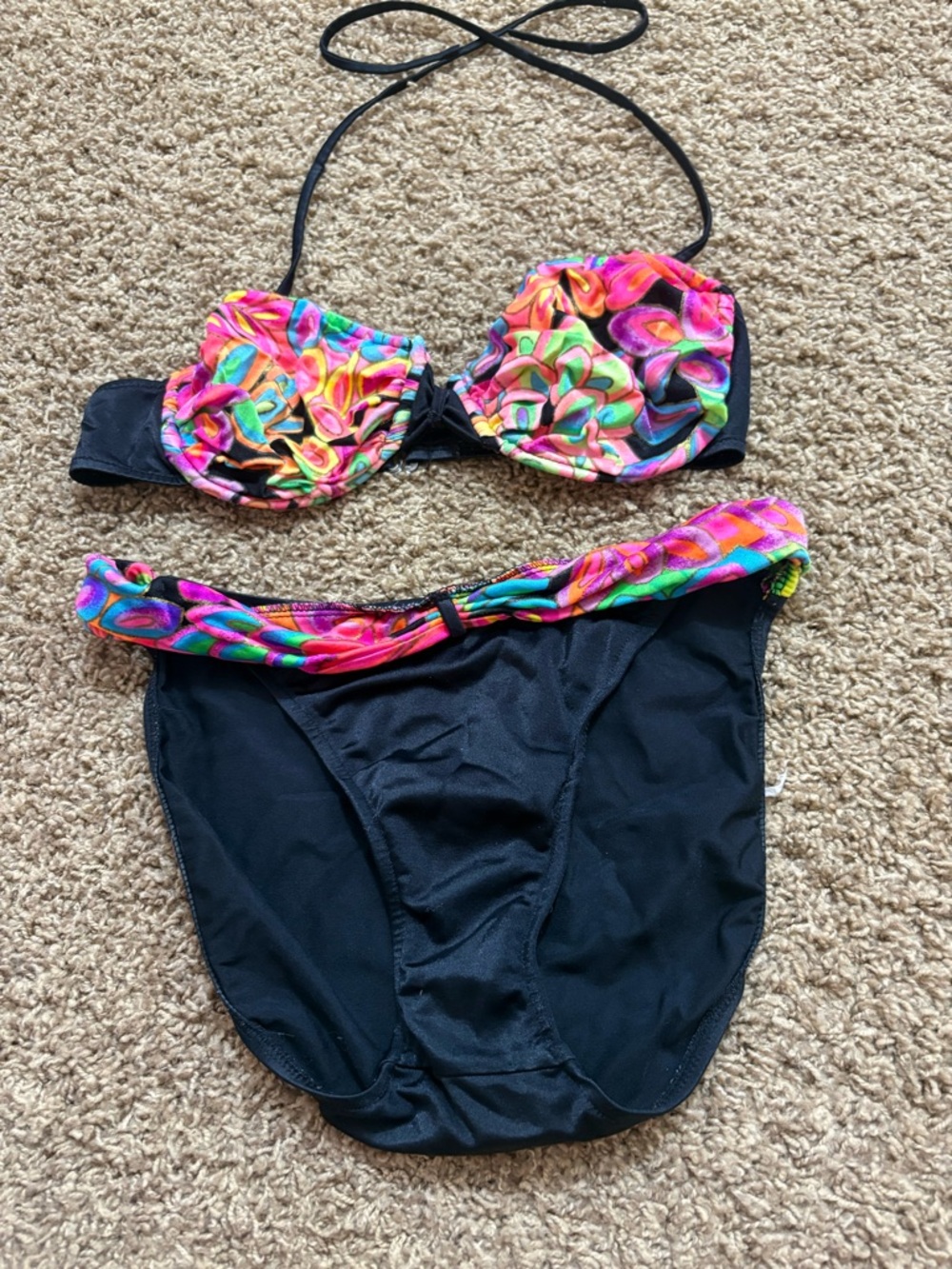 Vintage Black Bikini Set with Multicolor Floral Print Accents - Women Swim